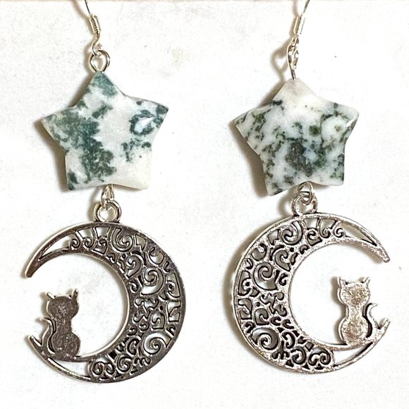 2/$20, Natural Gemstone Tree Agate Star + Cat on the Moon Dangle Earrings - Picture 1 of 9